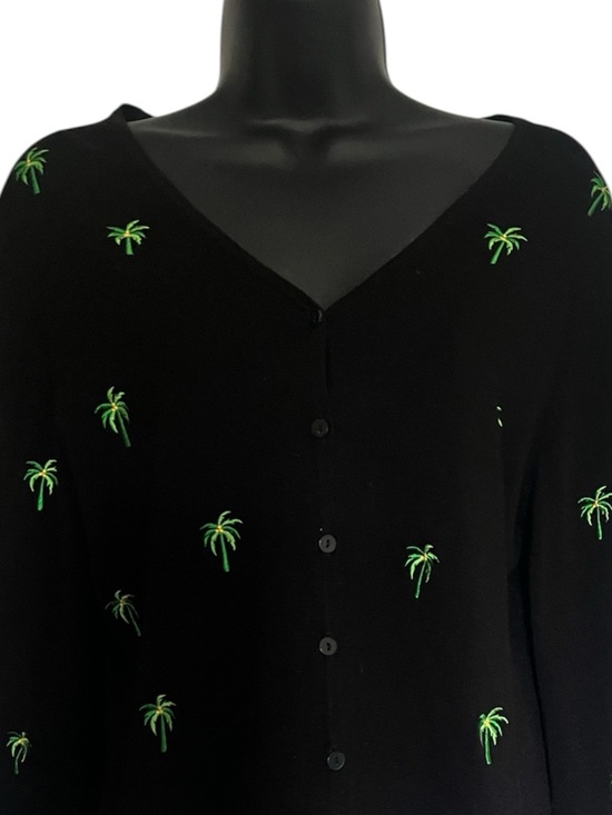 Etolie Black V-Neck Button Cardigan with Green Palm Trees Sz L